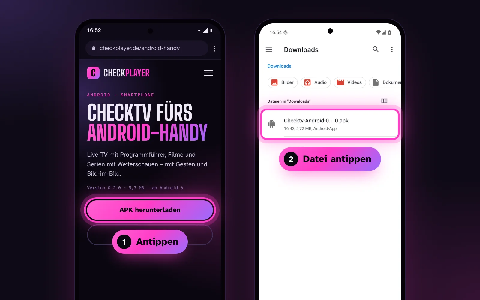 Checkplayer-Seite im Handy-Browser mit dem Knopf APK herunterladen, daneben die Datei Checktv-Android-0.2.0.apk im Ordner Downloads
