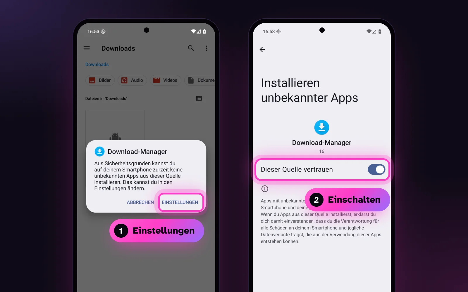 Android-Hinweis, dass unbekannte Apps aus dieser Quelle gesperrt sind, daneben die eingeschaltete Einstellung Dieser Quelle vertrauen