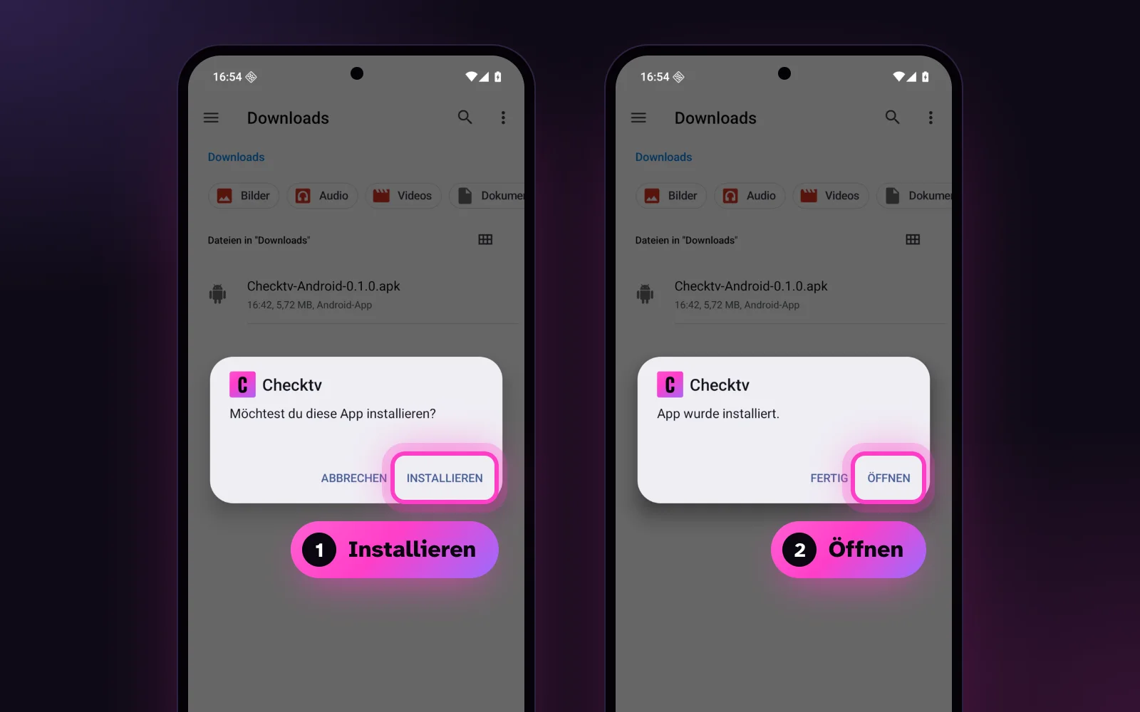Android-Dialog Möchtest du diese App installieren mit dem Knopf Installieren, daneben App wurde installiert mit dem Knopf Öffnen