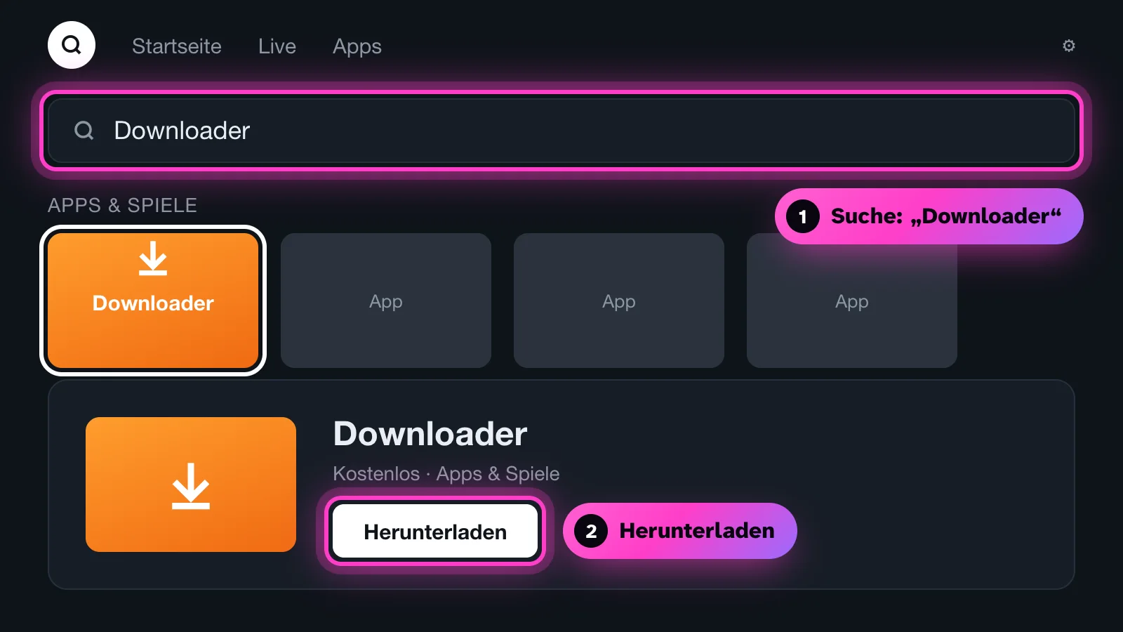 Fire-TV-Suche mit dem Ergebnis Downloader und markiertem Knopf Herunterladen