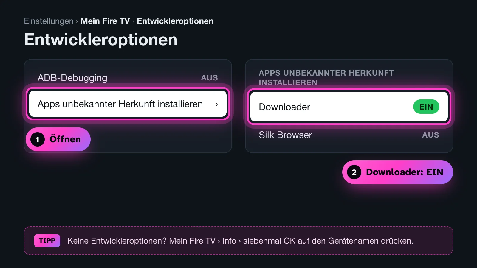 Fire-TV-Entwickleroptionen: Apps unbekannter Herkunft installieren, Downloader steht auf EIN