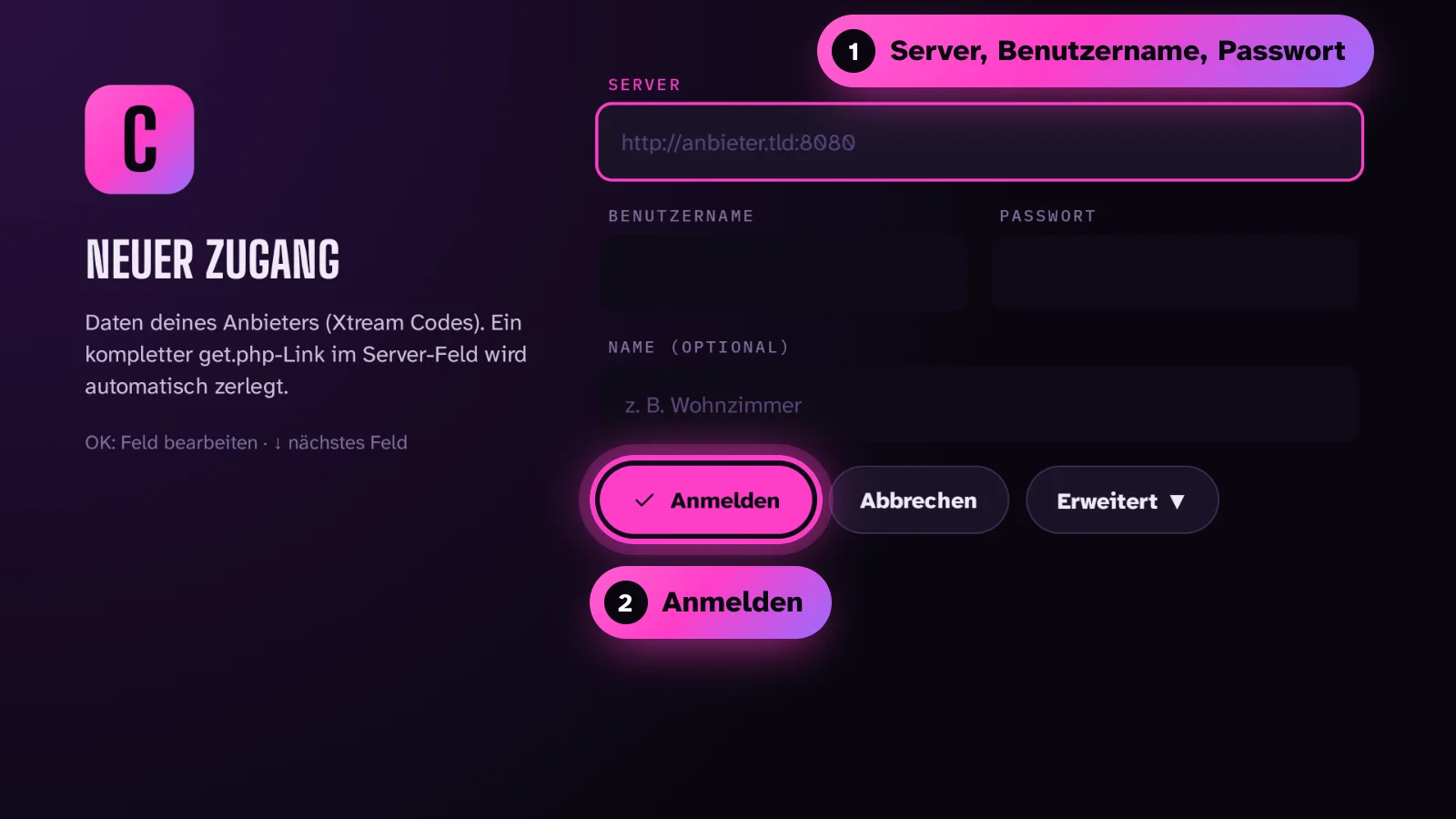 Checktv-Anmeldung auf dem Fernseher mit den Feldern Server, Benutzername und Passwort